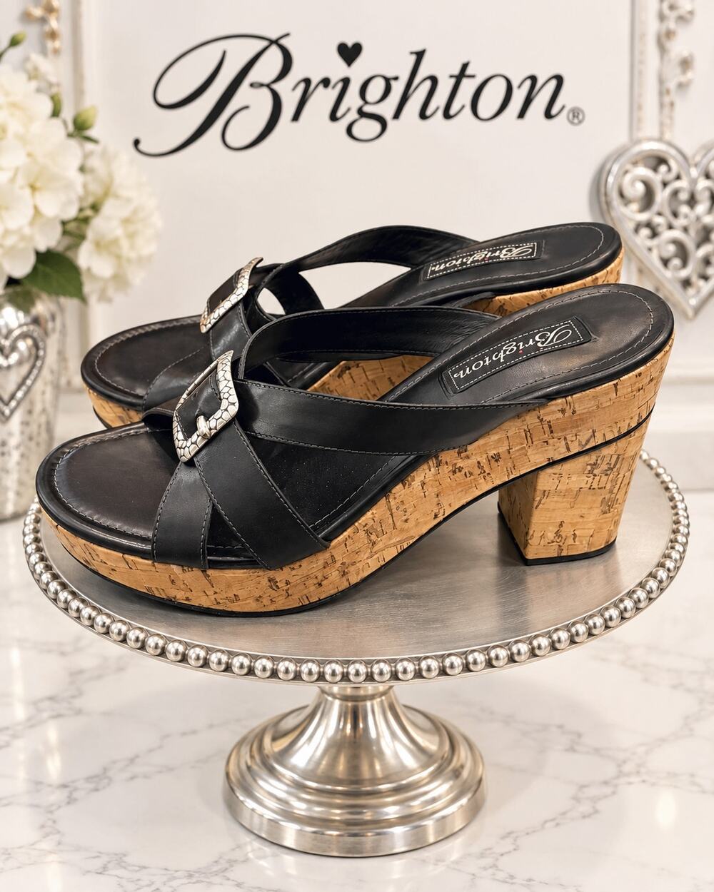 Brighton Arbor Black Leather Cork Platform Heel Sandals Women’s 9.5M